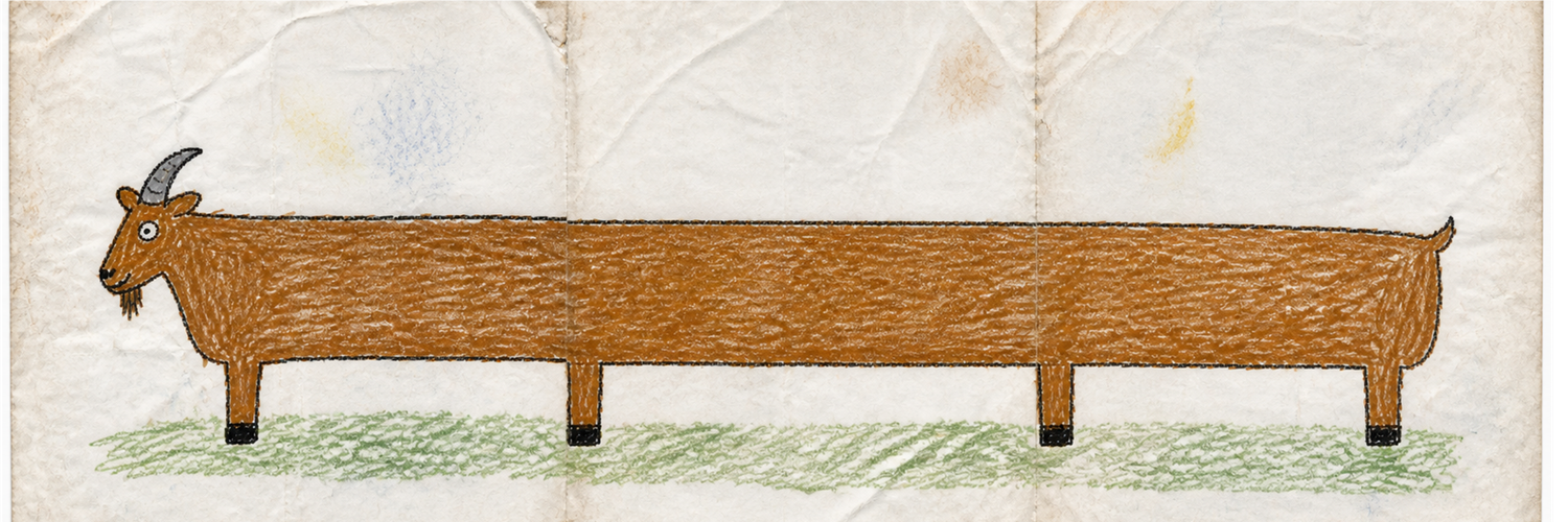 LONG GOAT drawn across three joined sheets of crumpled paper