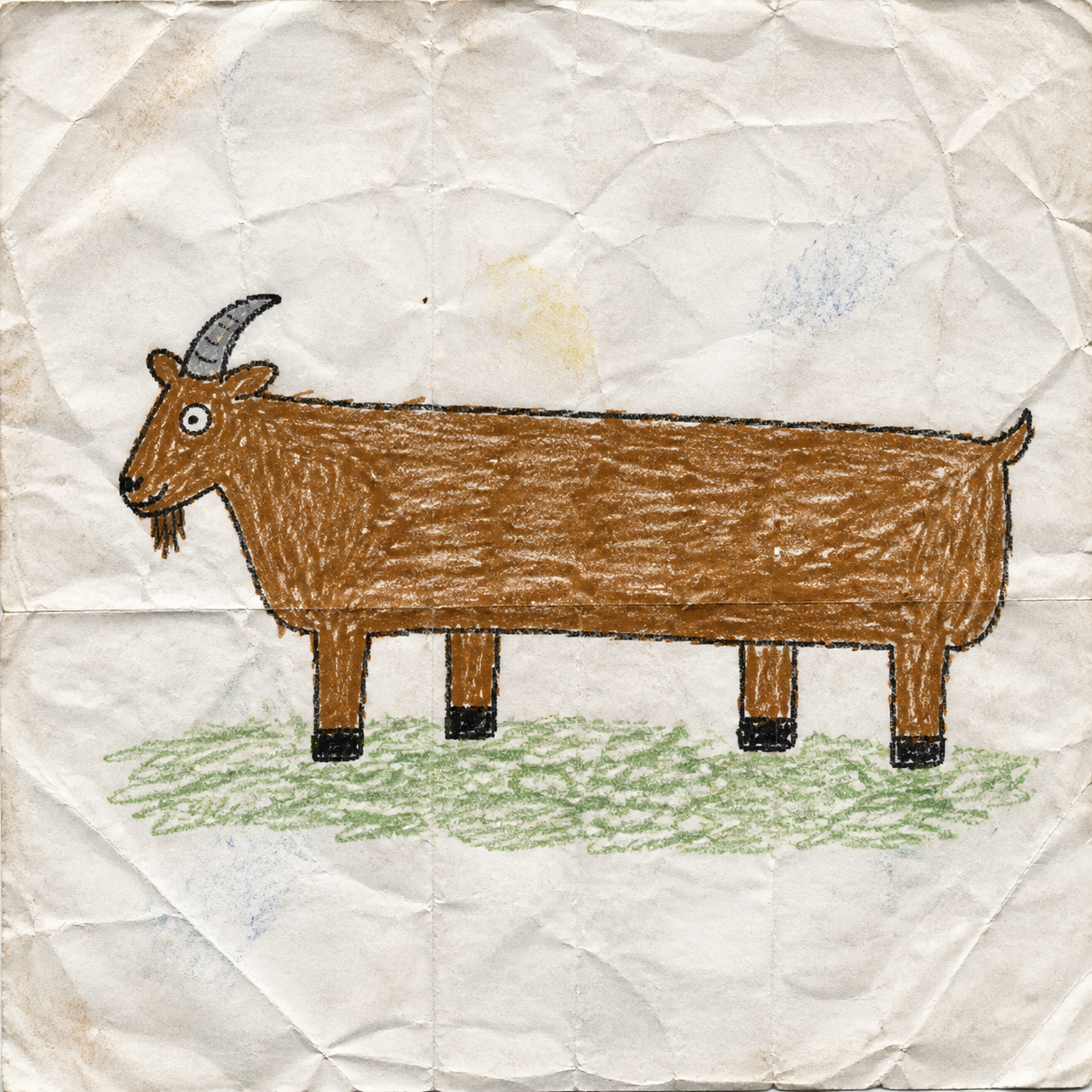 LONG GOAT, a child-drawn brown goat with an unnecessarily long rectangular body